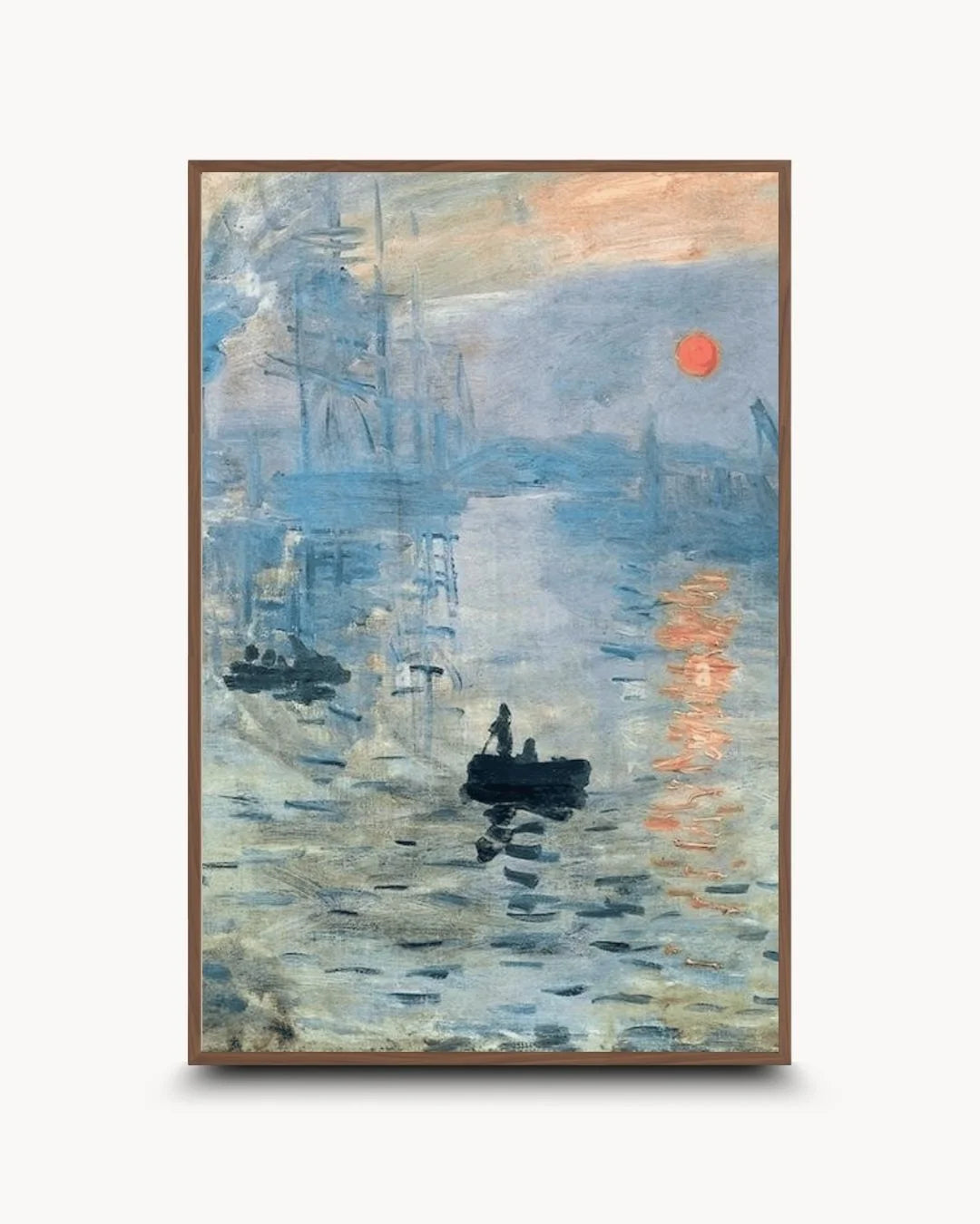 Impression, Sunrise by Claude Monet in a warm Walnut Wood frame by K2C Co. A sophisticated balance of classic Impressionism and mid-century modern aesthetic for a gallery wall.