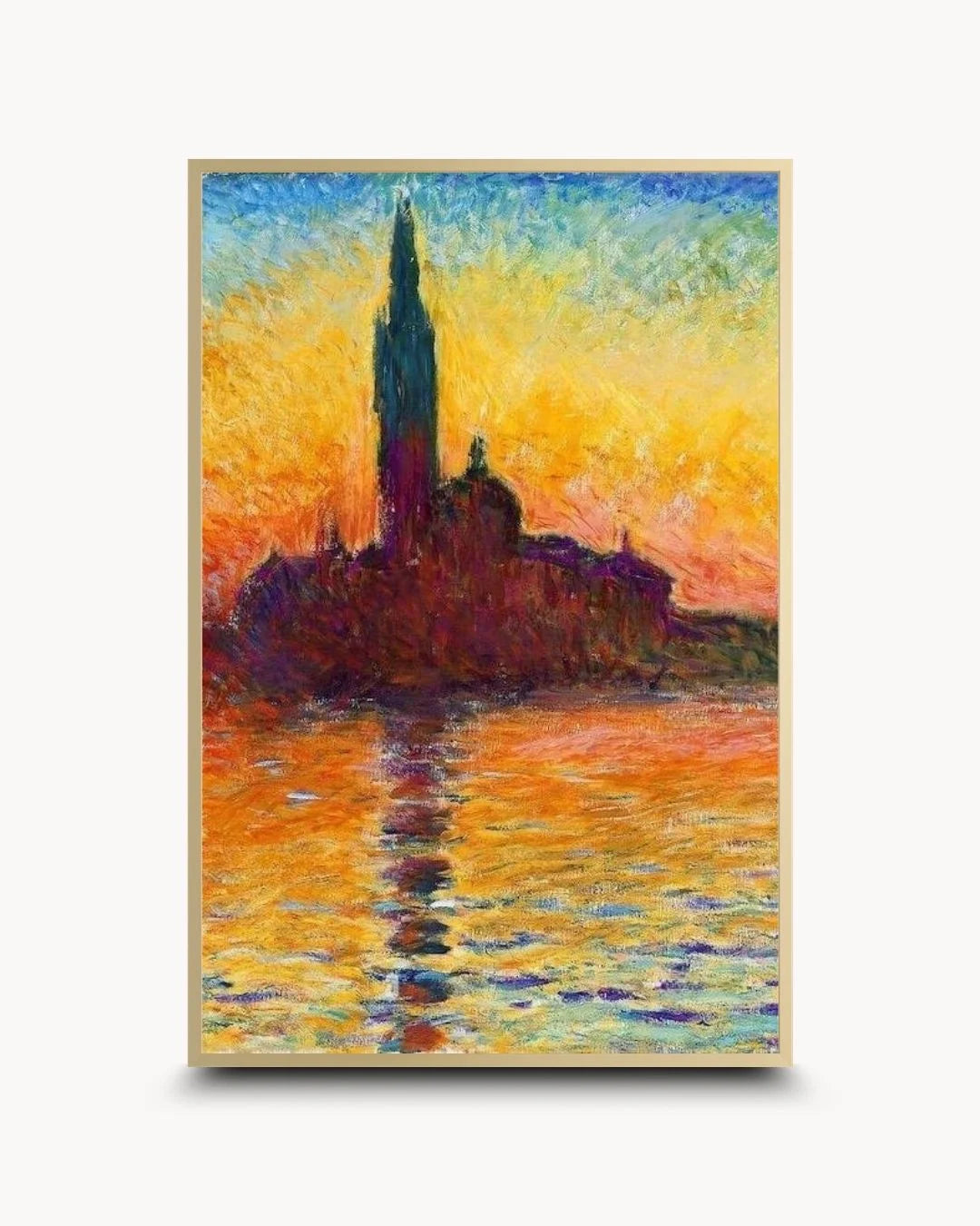 Elegant Monet San Giorgio Maggiore at Dusk print in a Satin Gold frame by K2C Co. High-contrast orange and purple tones for a luxury contemporary statement piece.