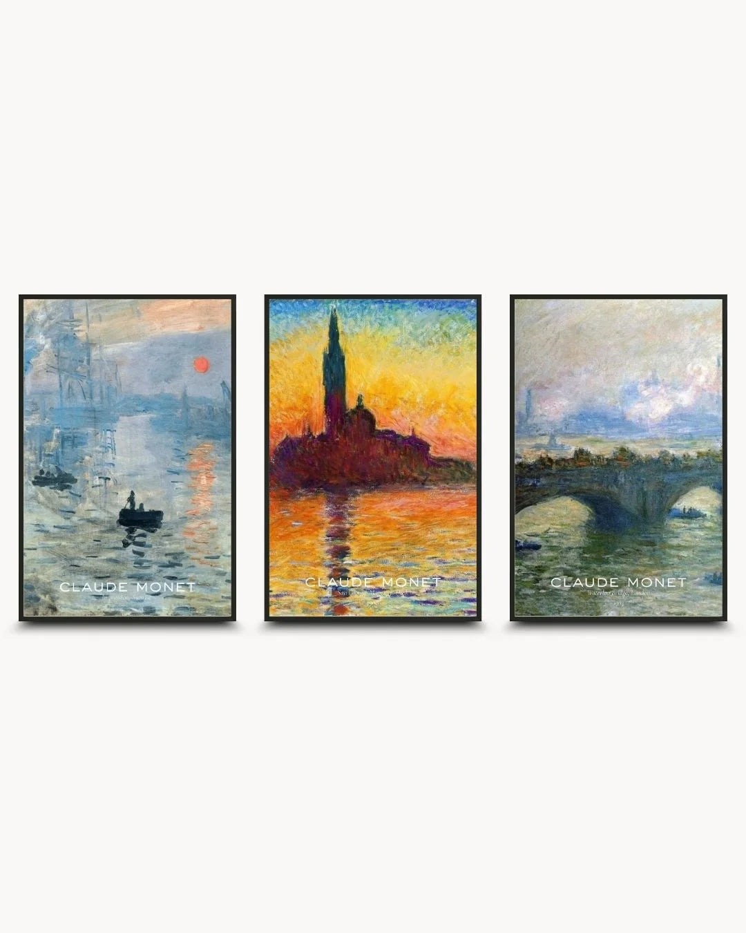 Artist-signed edition of the Monet 3-piece triptych in Noir Black frames. Sophisticated Impressionist gallery wall with subtle typography for modern homes.