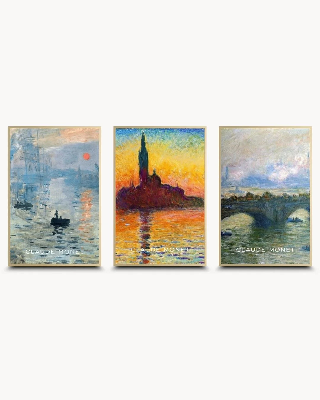 Luxury signed Monet 3-piece gallery set in Satin Gold frames. Features vibrant sunset and harbor hues with elegant typography for high-end decor.