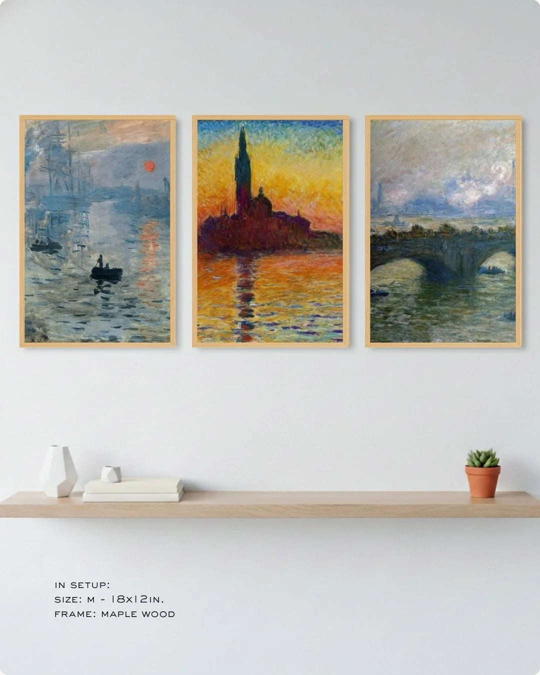 Modern Indian home decor featuring a 3-piece Monet triptych in Noir Black frames, styled above a sleek black sideboard with minimalist ceramic vases.