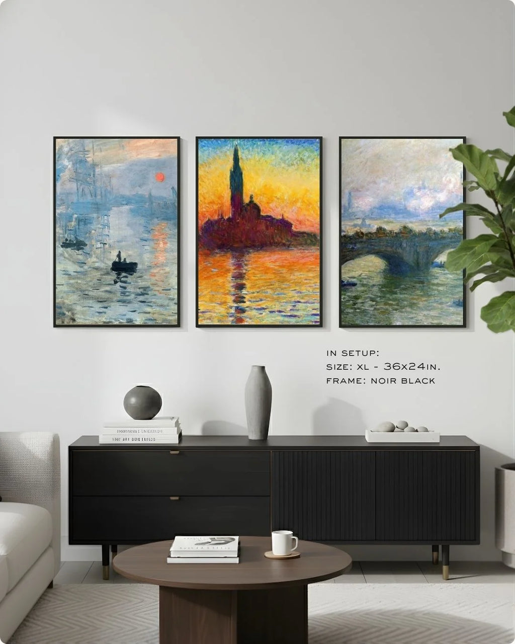 A high-contrast contemporary setup of the Monet 3-piece gallery set in 0.5-inch Noir Black frames, perfect for sophisticated dining or living room statements.