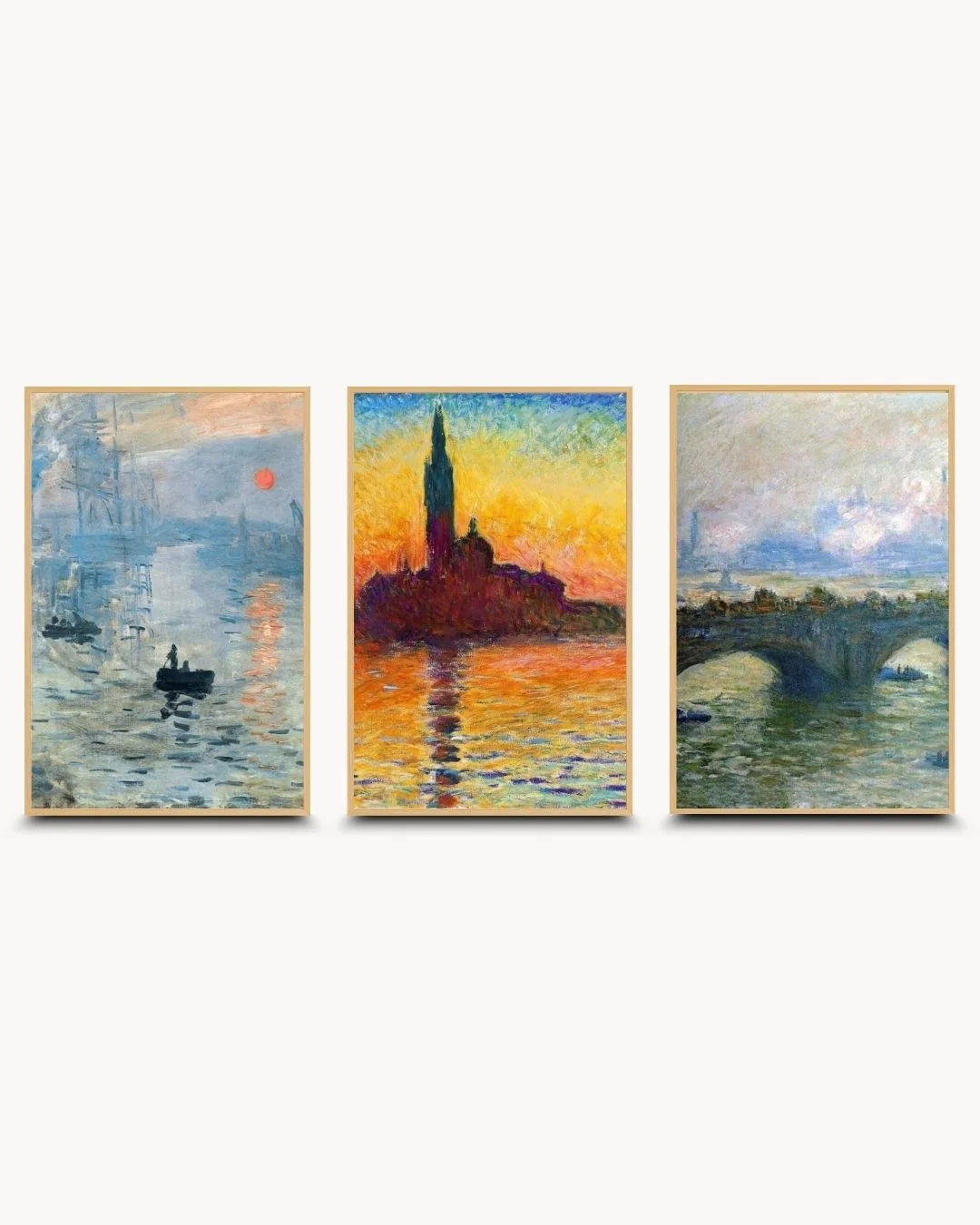 Organic modern styling of a Monet 3-piece gallery set in natural Maple Wood frames. Earthy, light wood frames paired with classic Impressionist seascapes.