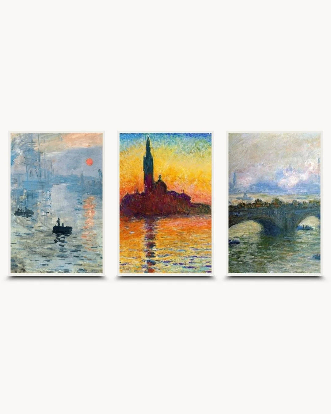 K2C Co. Monet 3-piece art set in Moon White frames. Airy, hazy Impressionist seascape and sunset triptych for Scandinavian or Japandi bedroom decor.