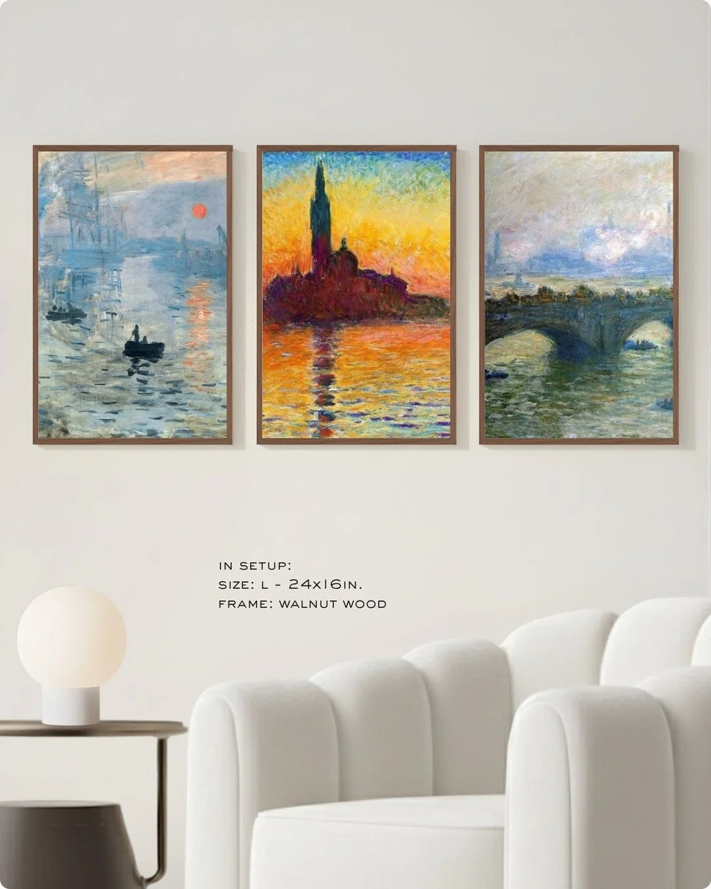 Medium-scale (Size M) Monet 3-piece gallery set in Walnut Wood frames by K2C Co. featured in a Japandi-style living room for scale comparison.