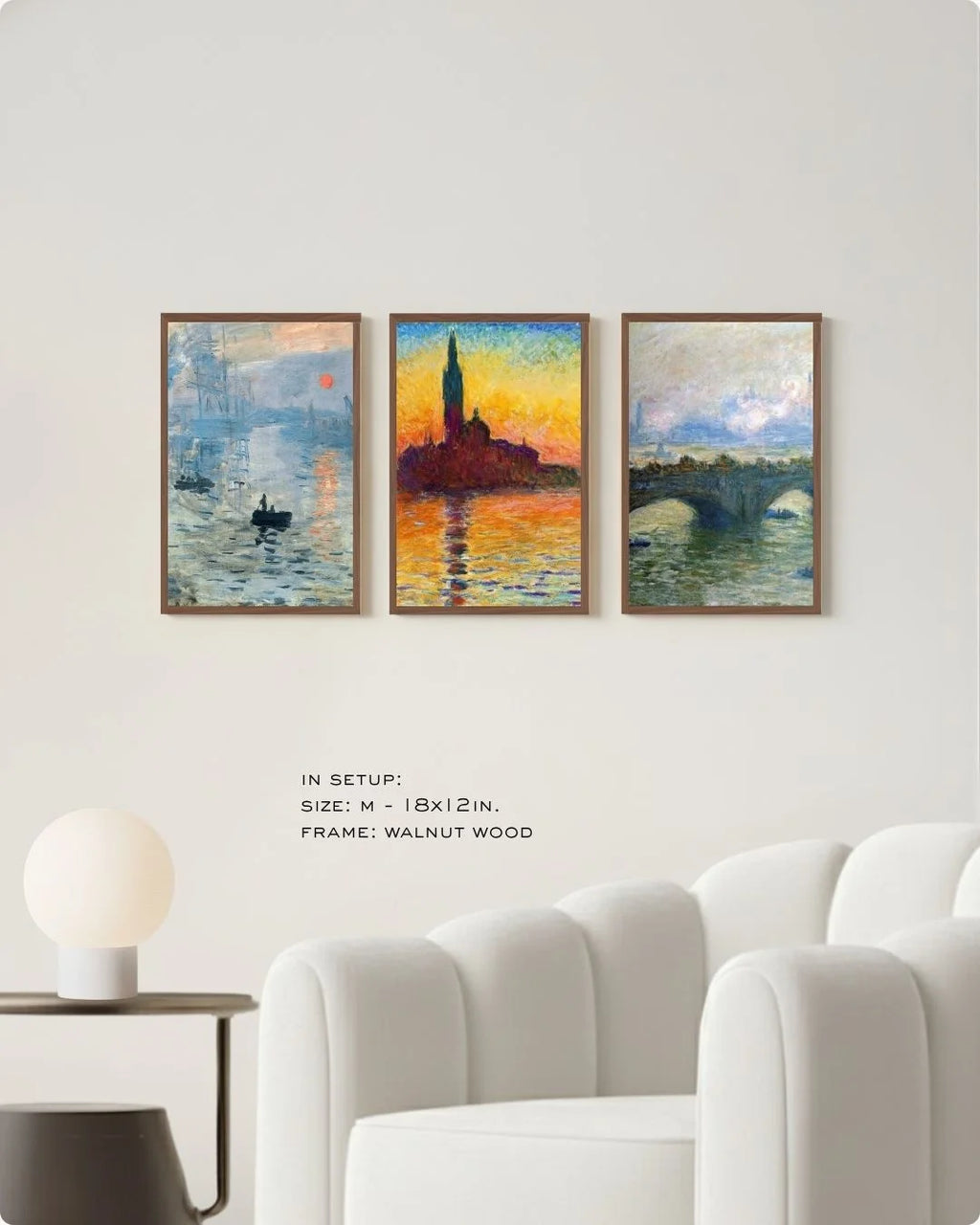 Small-scale (Size S) Monet triptych in Walnut Wood frames, showcasing how multiple small prints can create a curated gallery wall look.