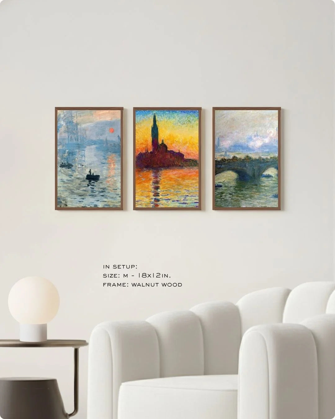 Small-scale (Size S) Monet triptych in Walnut Wood frames, showcasing how multiple small prints can create a curated gallery wall look.