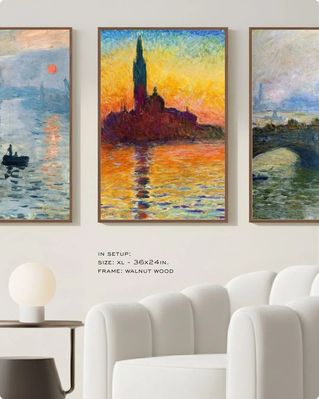Large-scale (Size XL) Claude Monet 3-piece triptych in 0.5-inch Walnut Wood frames, styled above a white curved sofa in a modern minimalist living room.