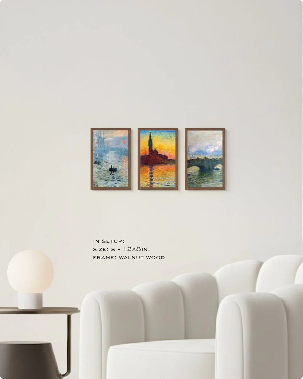 Extra Small (Size XS) Monet 3-piece set in Walnut Wood frames, demonstrating the minimalist appeal of mini-prints in a large white living space.