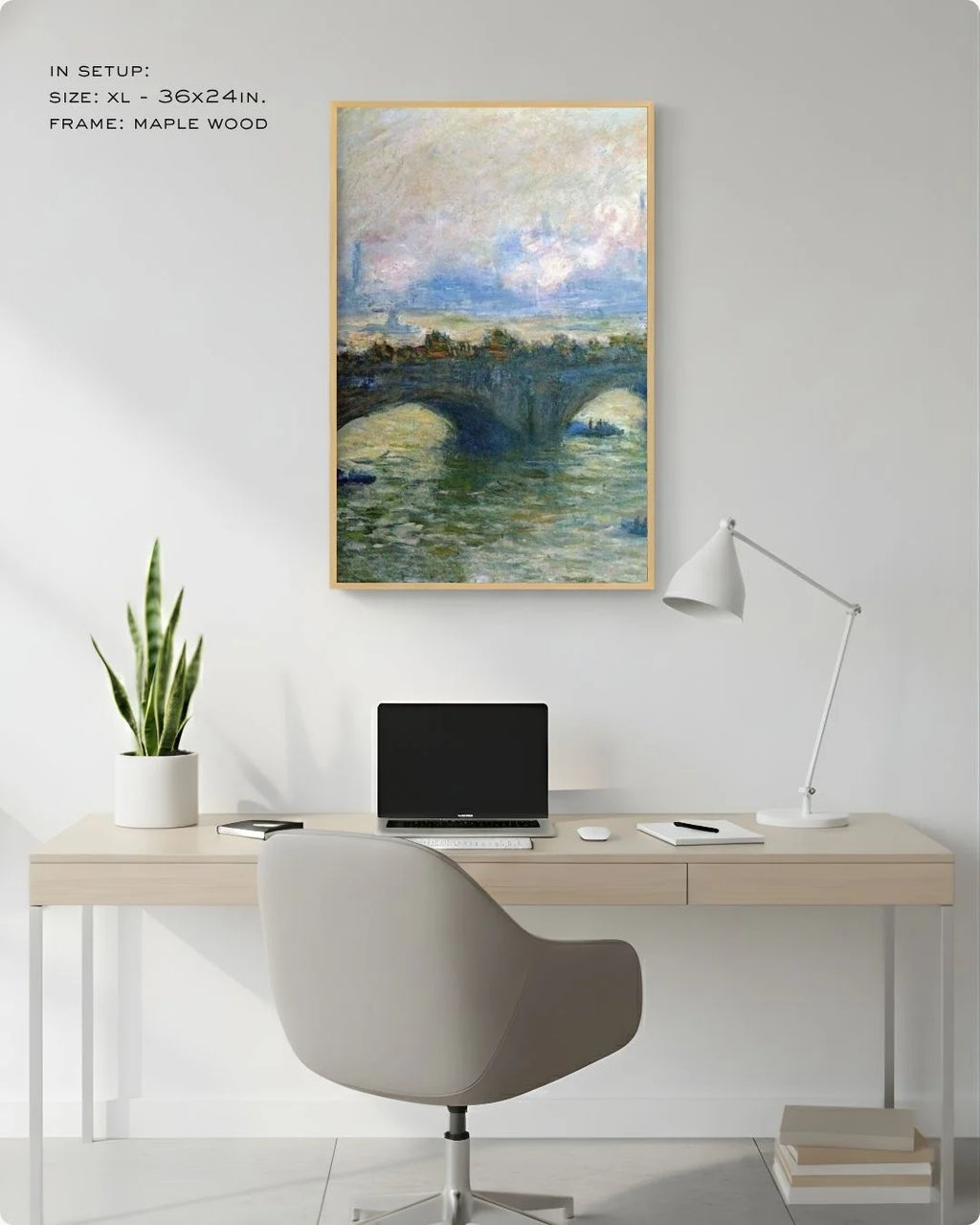 Large (Size L - 24x16in) Monet Waterloo Bridge in a Maple Wood frame, shown in a desk setup to demonstrate the impact of large-scale fine art.