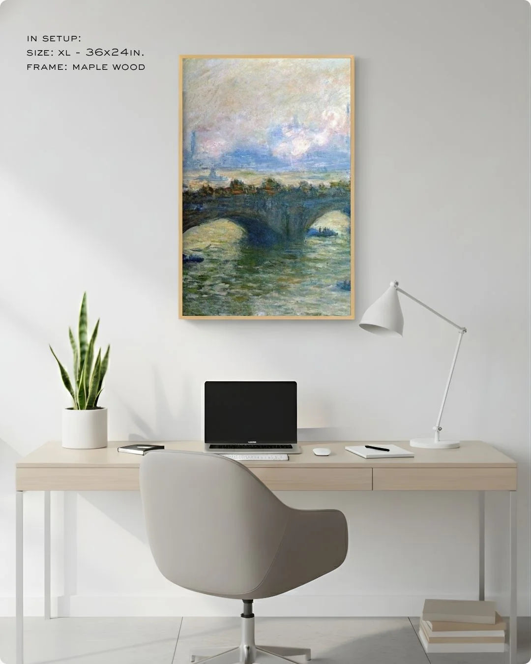 Large (Size L - 24x16in) Monet Waterloo Bridge in a Maple Wood frame, shown in a desk setup to demonstrate the impact of large-scale fine art.