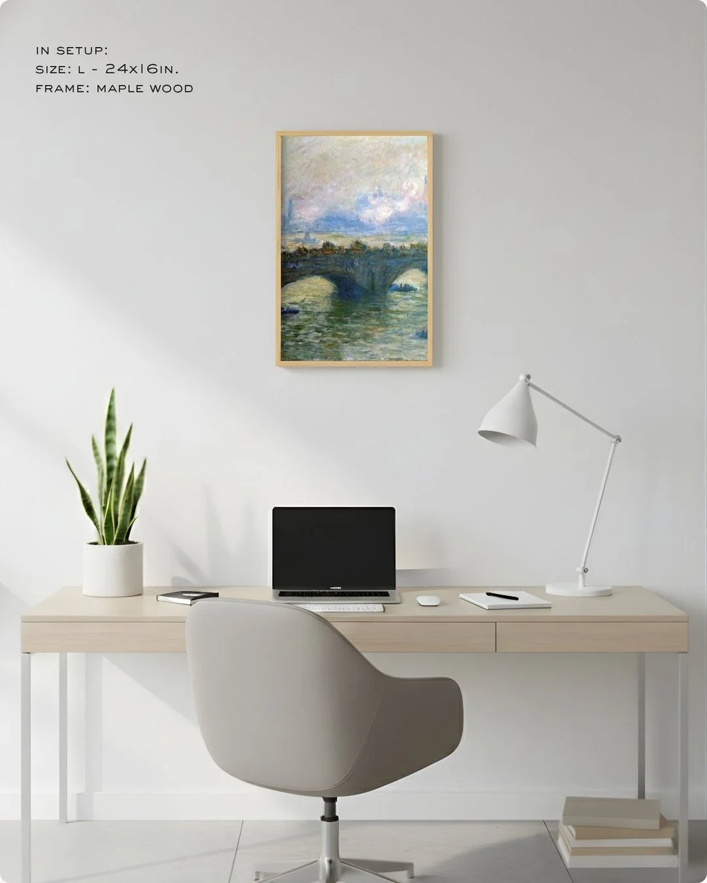 Medium (Size M - 18x12in) Monet Waterloo Bridge in a Maple Wood frame. Perfect scale for standard desk-side wall decor in a modern home office.