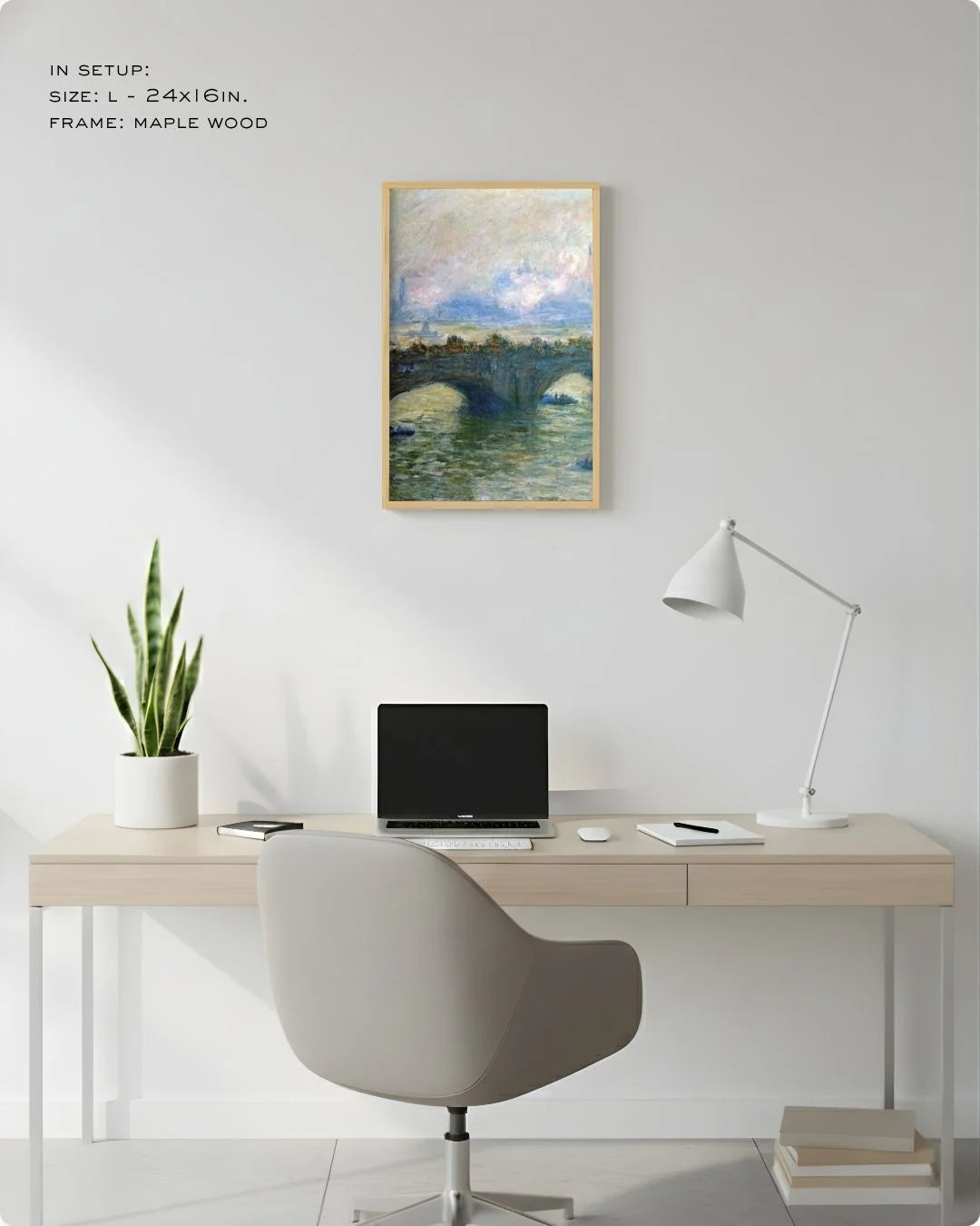 Medium (Size M - 18x12in) Monet Waterloo Bridge in a Maple Wood frame. Perfect scale for standard desk-side wall decor in a modern home office.
