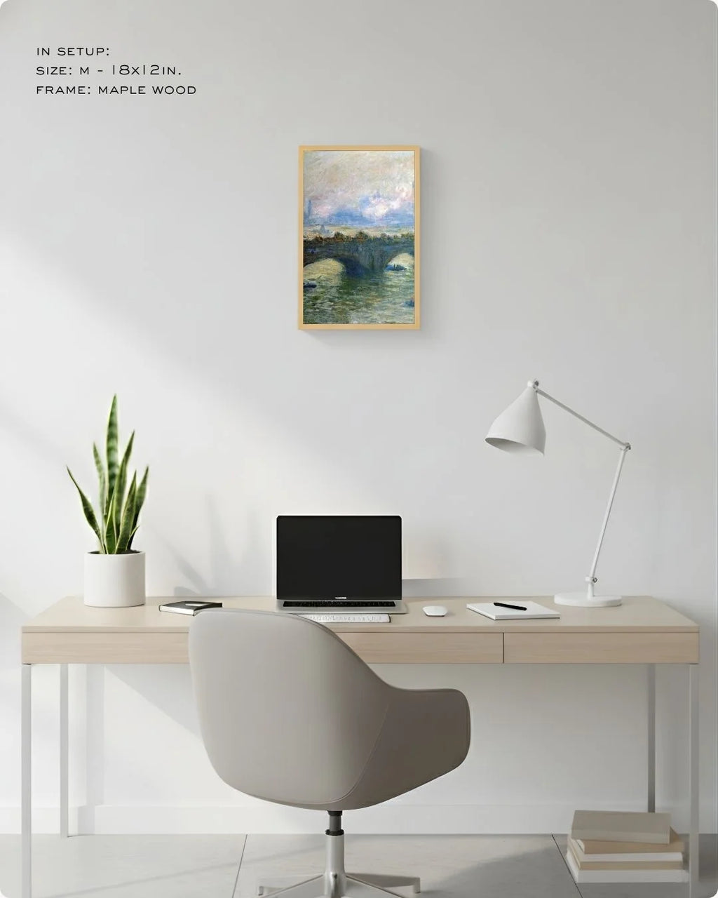 Small (Size S - 12x8in) Monet Waterloo Bridge in a Maple Wood frame. An ideal accent piece for smaller wall spaces or gallery wall layering.