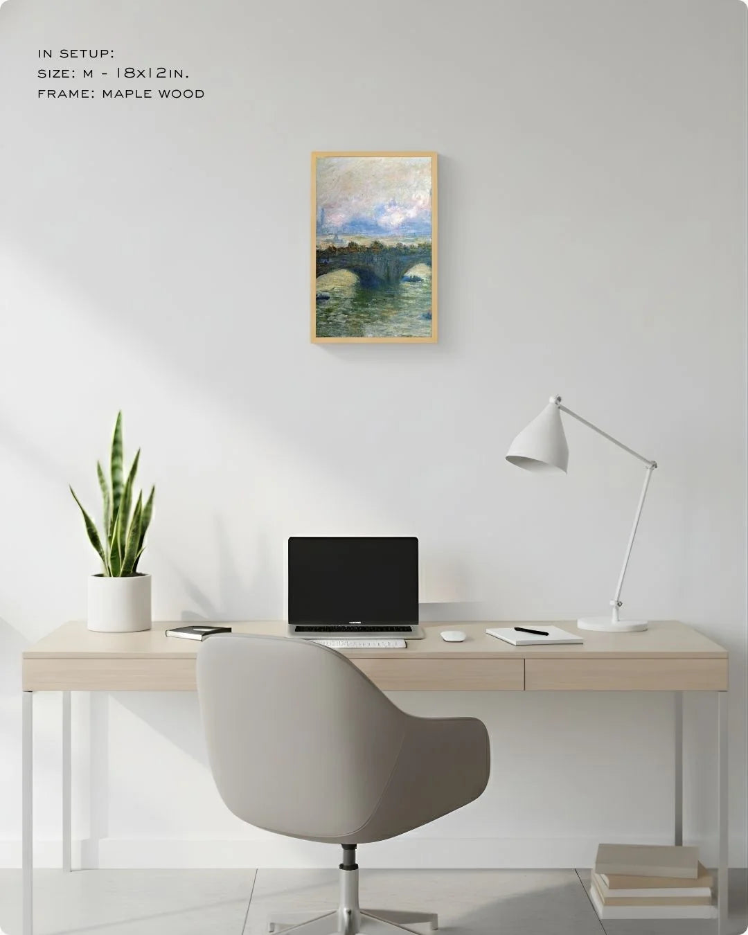 Small (Size S - 12x8in) Monet Waterloo Bridge in a Maple Wood frame. An ideal accent piece for smaller wall spaces or gallery wall layering.