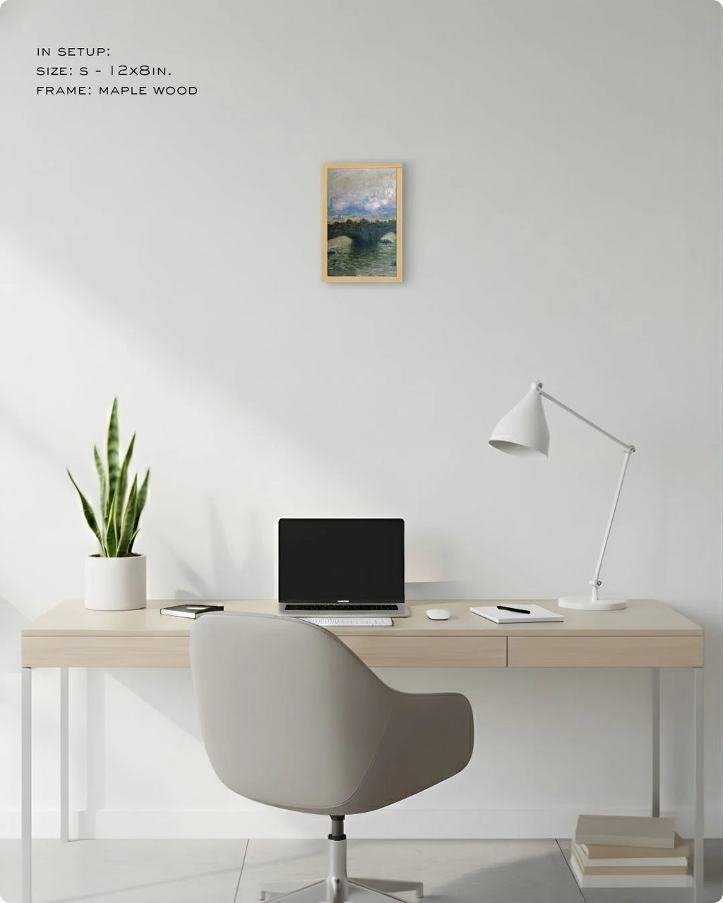 Extra Small (Size XS) Monet Waterloo Bridge in a Maple Wood frame, showcasing how even a mini fine art print can elevate a workspace corner.