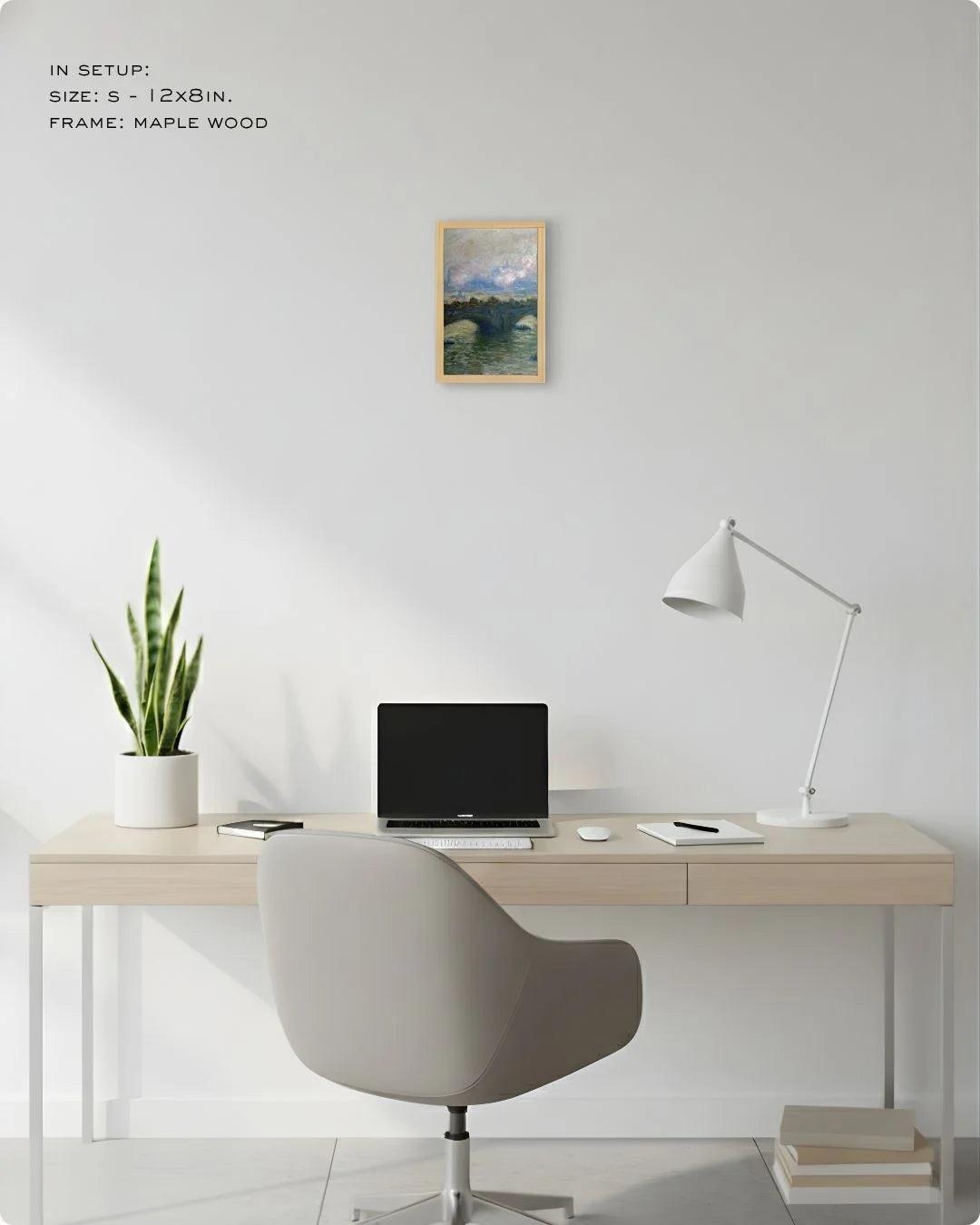 Extra Small (Size XS) Monet Waterloo Bridge in a Maple Wood frame, showcasing how even a mini fine art print can elevate a workspace corner.