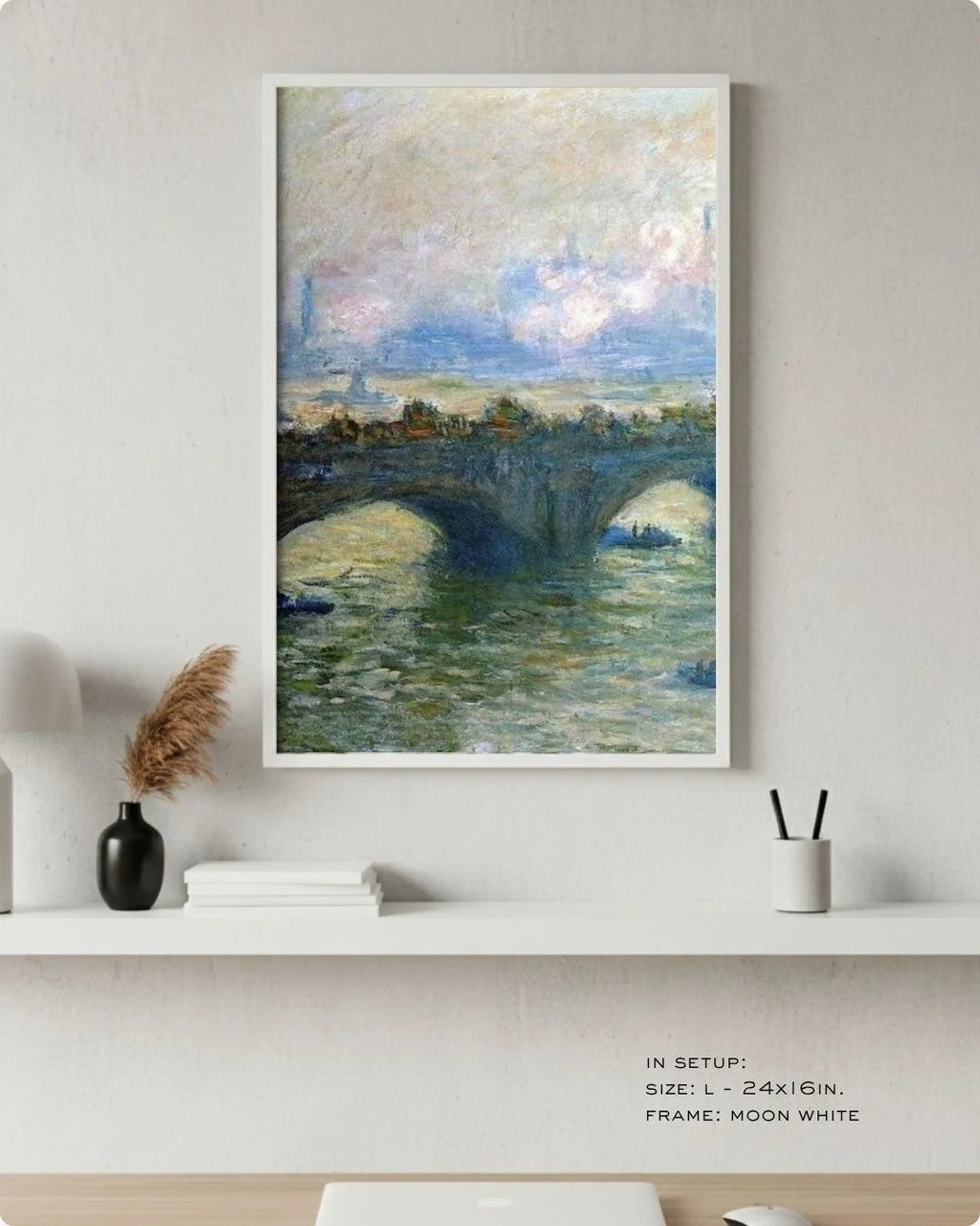 K2C Co. Monet Waterloo Bridge print in a Moon White frame. A high-contrast, cool-toned study setup designed for "Slow Living" and professional focus.