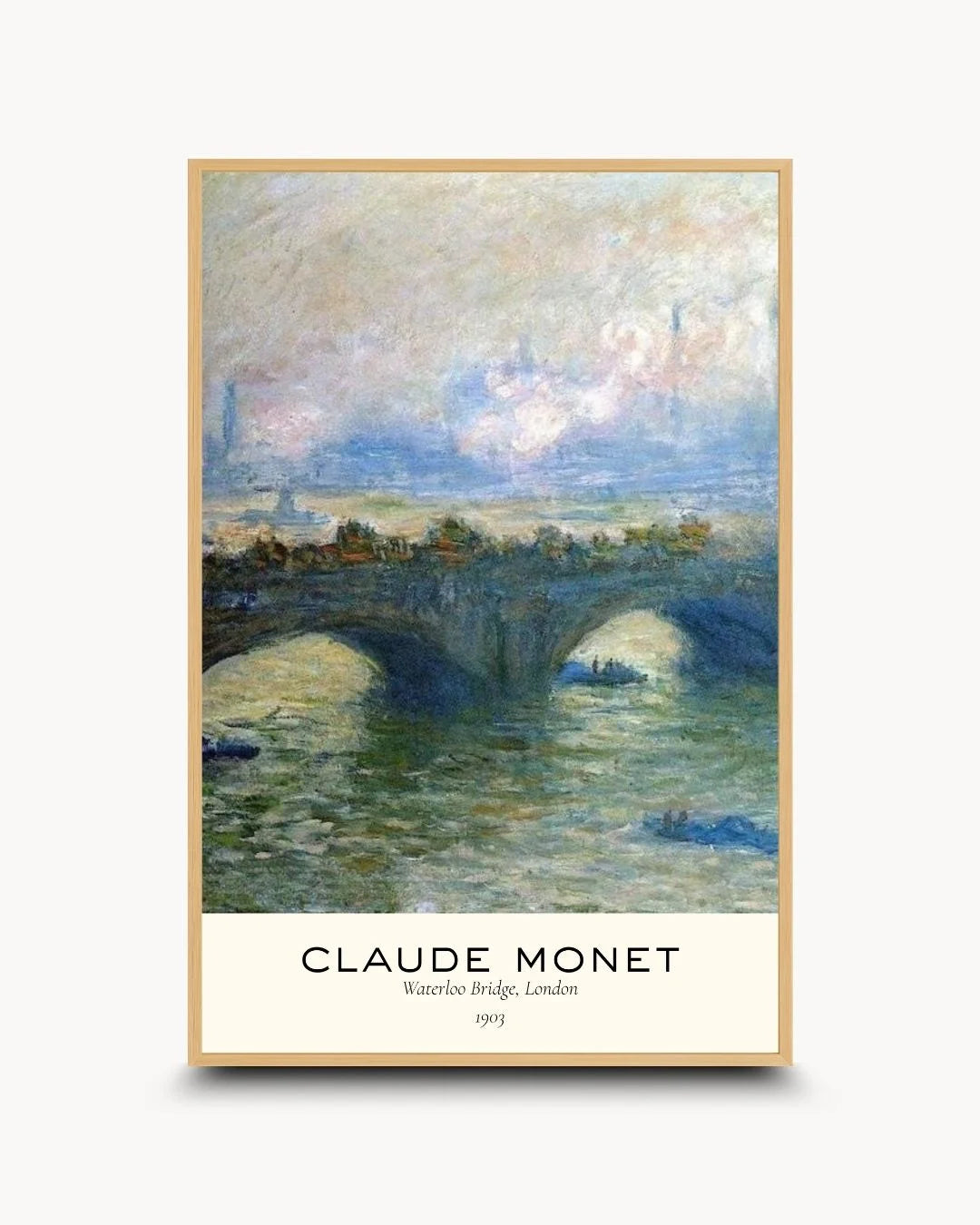 Organic modern styling of Monet's Waterloo Bridge typography poster in a natural Maple Wood frame by K2C Co. Ideal for Japandi and "slow living" study corners.
