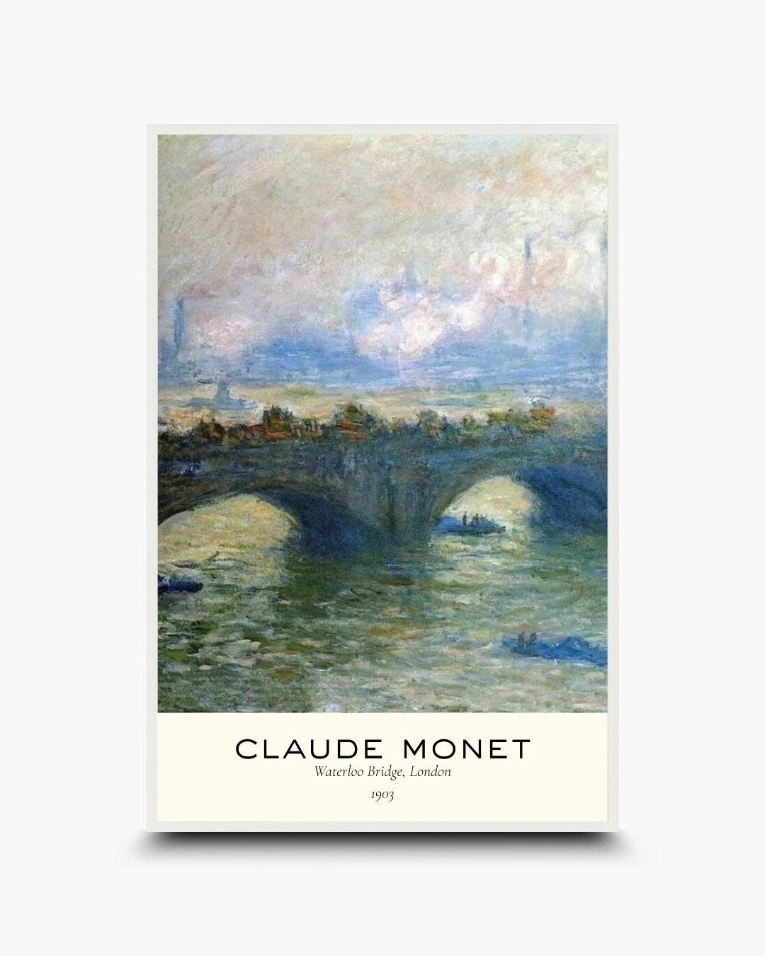 K2C Co. Monet London bridge museum print with signature text in a Moon White frame. Airy, cool-toned fine art for modern minimalist or Scandinavian interiors.