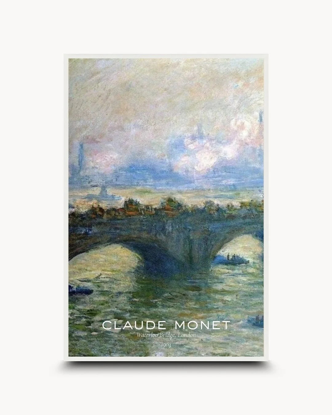 K2C Co. Monet London bridge museum print with signature text in a Moon White frame. Airy, cool-toned fine art for modern minimalist or Scandinavian interiors.