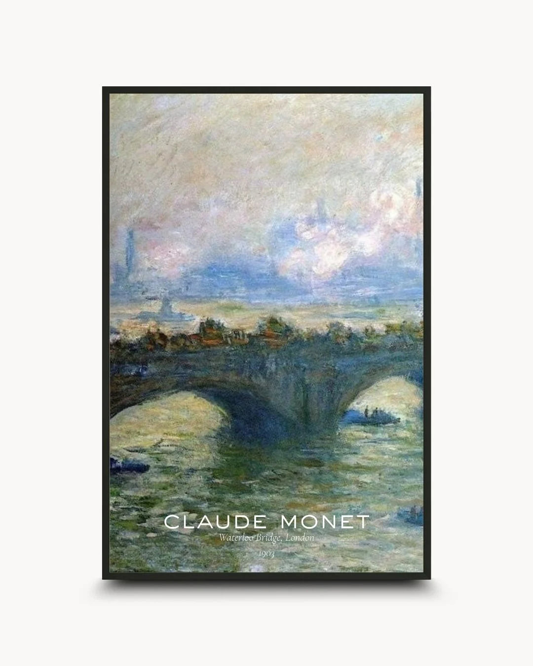 Claude Monet "Waterloo Bridge" exhibition poster with minimalist typography in a 0.5-inch Noir Black frame. Sophisticated hazy blue wall art by K2C Co.