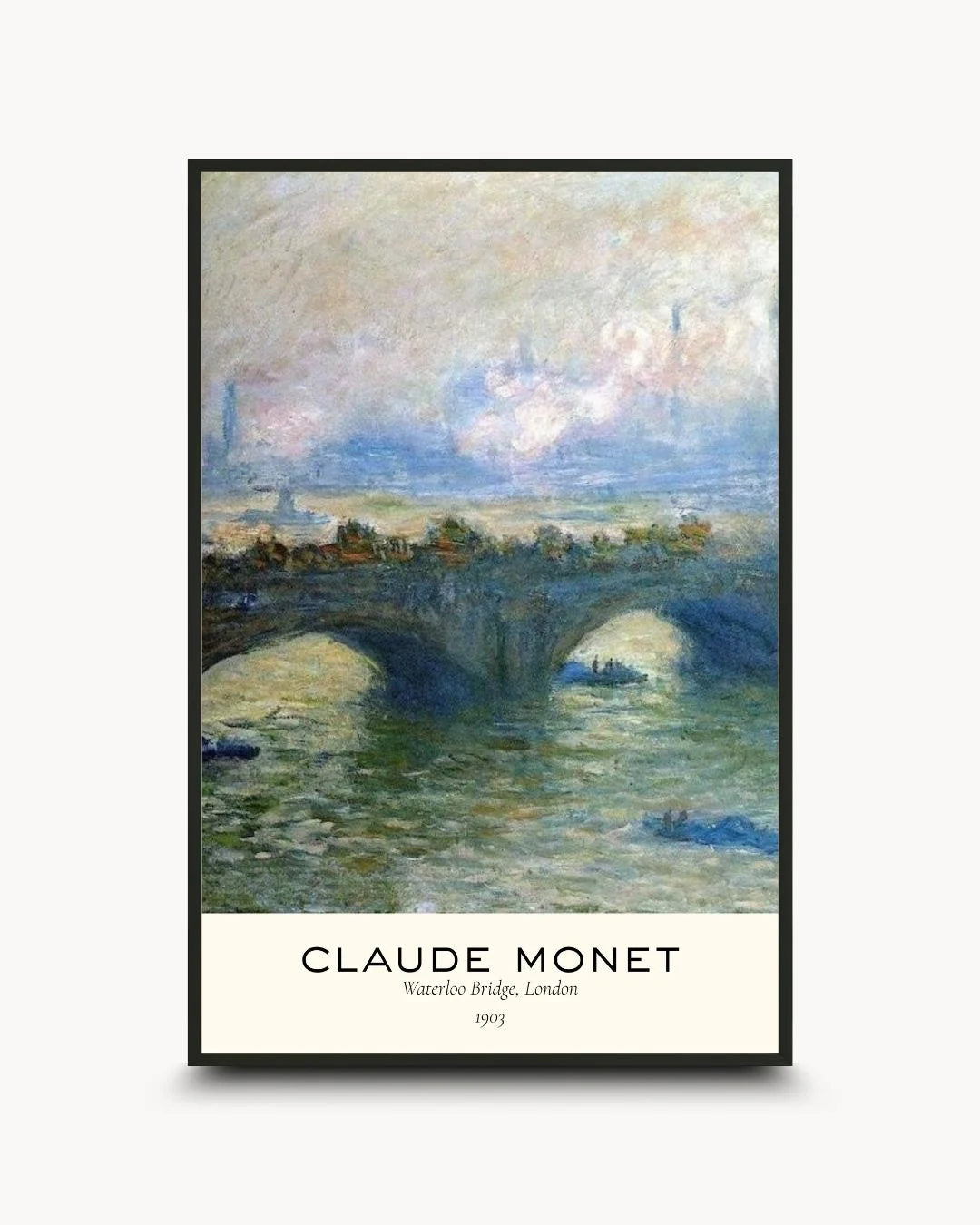 Claude Monet "Waterloo Bridge" exhibition poster with minimalist typography in a 0.5-inch Noir Black frame. Sophisticated hazy blue wall art by K2C Co.