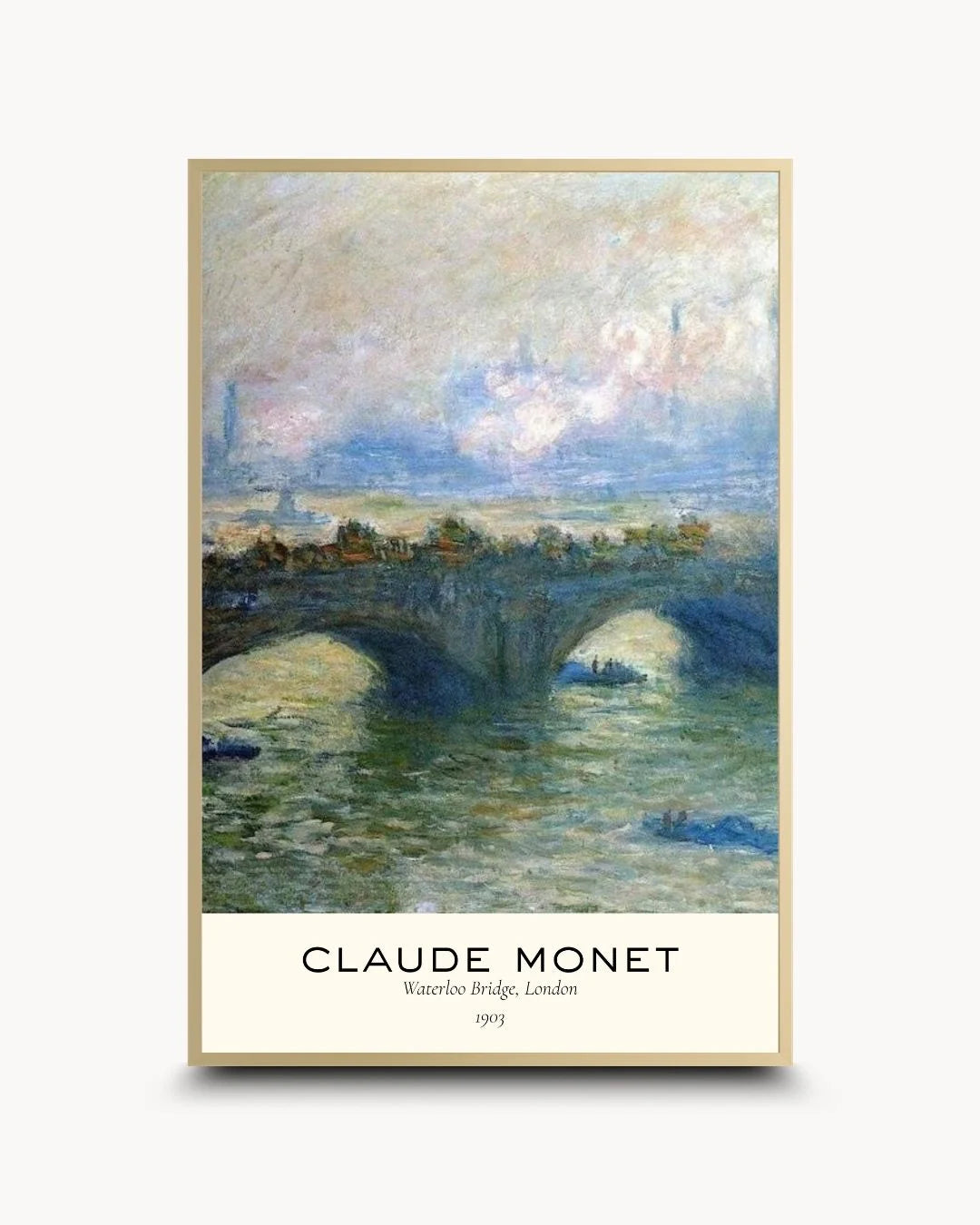 Elegant Monet London bridge exhibition poster in a Satin Gold frame by K2C Co. Features high-contrast typography and soft blue tones for a luxury statement piece.