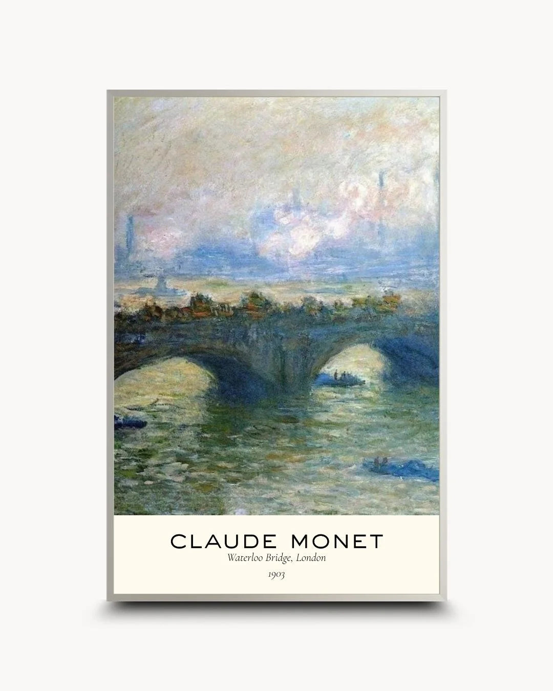 Contemporary styling of Claude Monet's Waterloo Bridge museum poster in a sleek Satin Silver frame by K2C Co. A sophisticated, cool-toned cityscape for modern urban apartment decor.