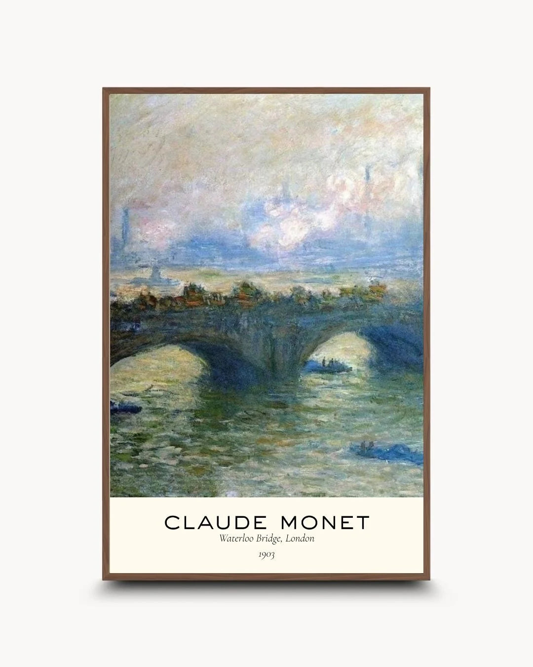 Claude Monet "Waterloo Bridge" exhibition-style print in a warm Walnut Wood frame by K2C Co. A sophisticated balance of classic impressionism and modern gallery design.