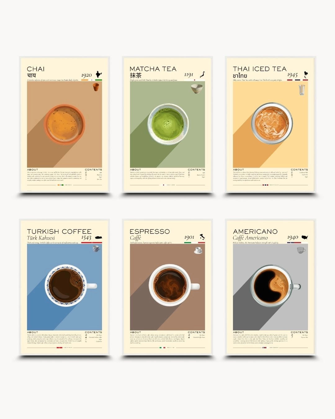 6-piece Mornings Infographic gallery set by K2C Co. in Moon White frames. High-contrast, informative tea and coffee ritual prints for a bright Scandinavian or modern kitchen.