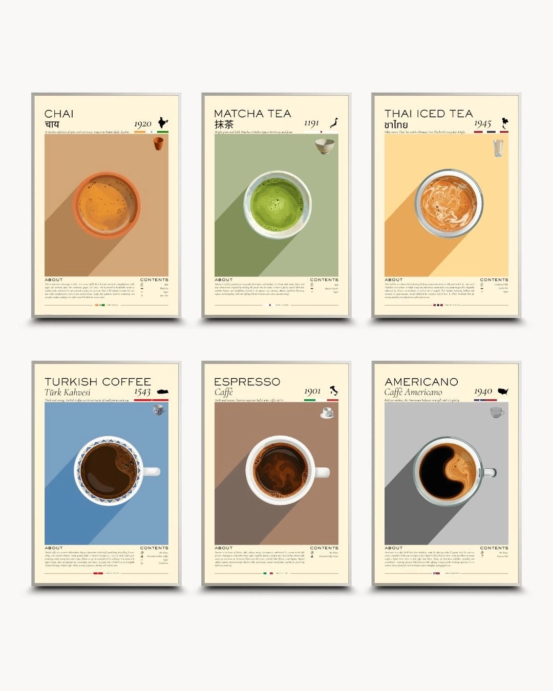 Contemporary 6-piece beverage infographic gallery wall set by K2C Co. in sleek Satin Silver frames. Sophisticated, neutral cultural art for modern urban apartment styling.