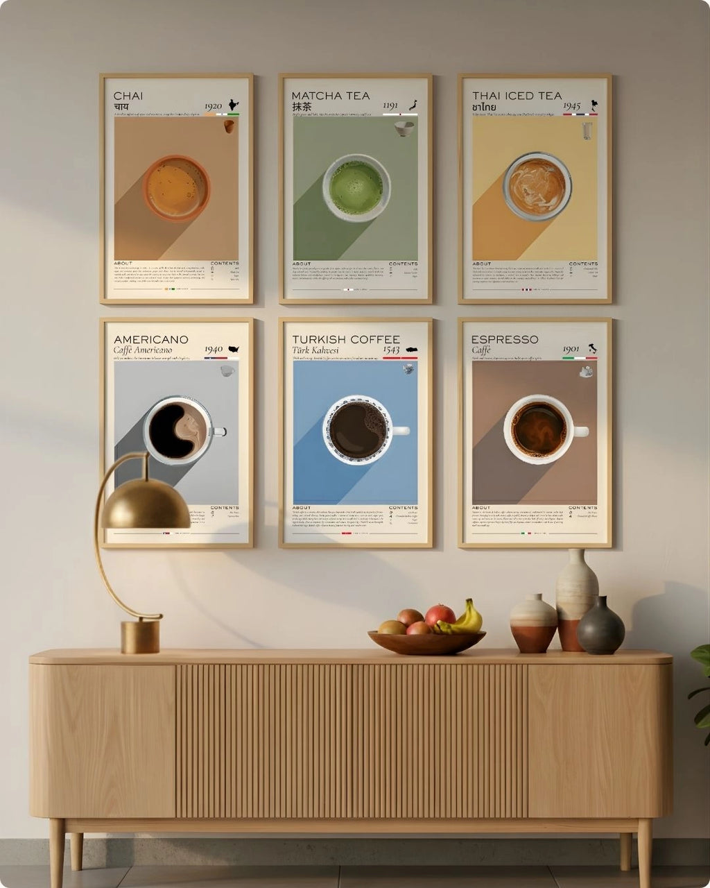 Large (Size L - 24x16in) 6-piece Mornings Infographic set in Walnut Wood frames by K2C Co., featured in a modern Japandi dining room setup to demonstrate professional scale.