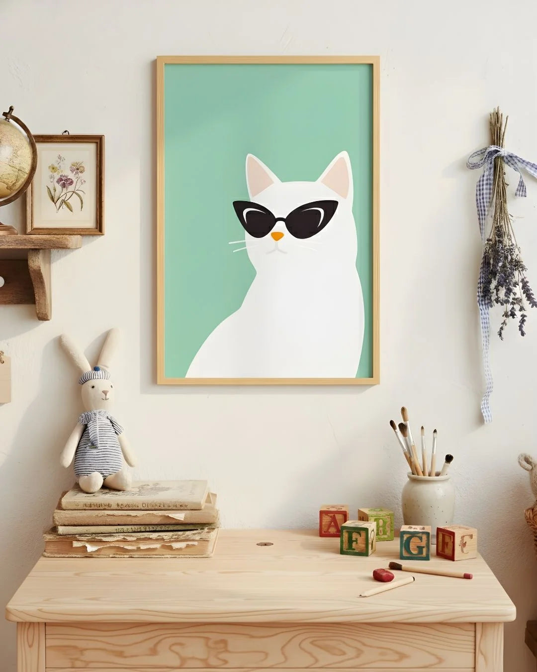 Playful cat with sunglasses print in a 0.5-inch Maple Wood frame, styled in a light-filled nursery with wooden toys and a bunny plush.