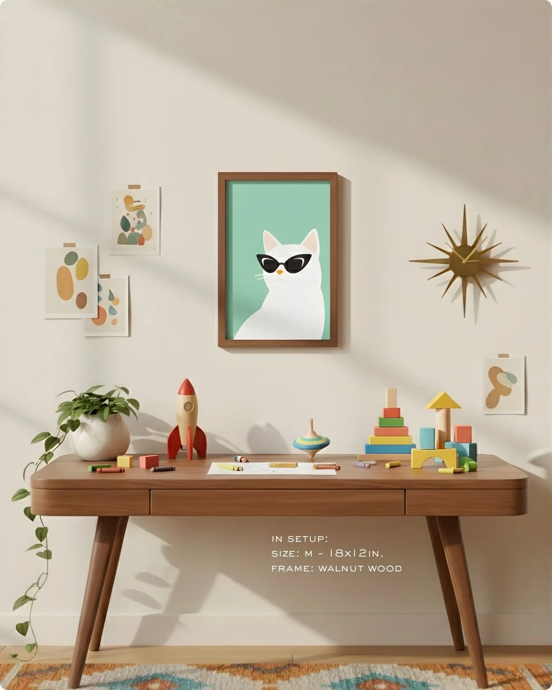 Medium (Size M - 18x12in) quirky cat print in a Walnut Wood frame, showing the ideal scale for a compact home office or study nook.