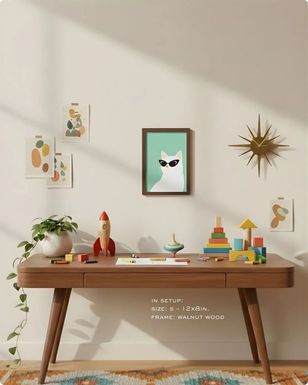 Small (Size S - 12x8in) playful cat art in a Walnut Wood frame. A refined, humorous pet accent for desk styling or a small gallery wall.