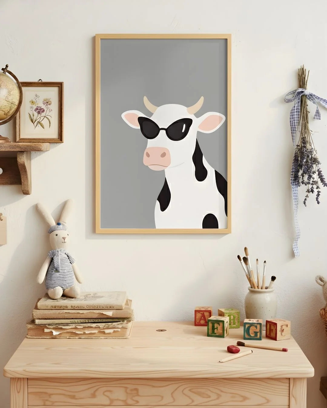 Playful cow with sunglasses print in a 0.5-inch Maple Wood frame, styled in a light-filled nursery with wooden toys and a bunny plush.