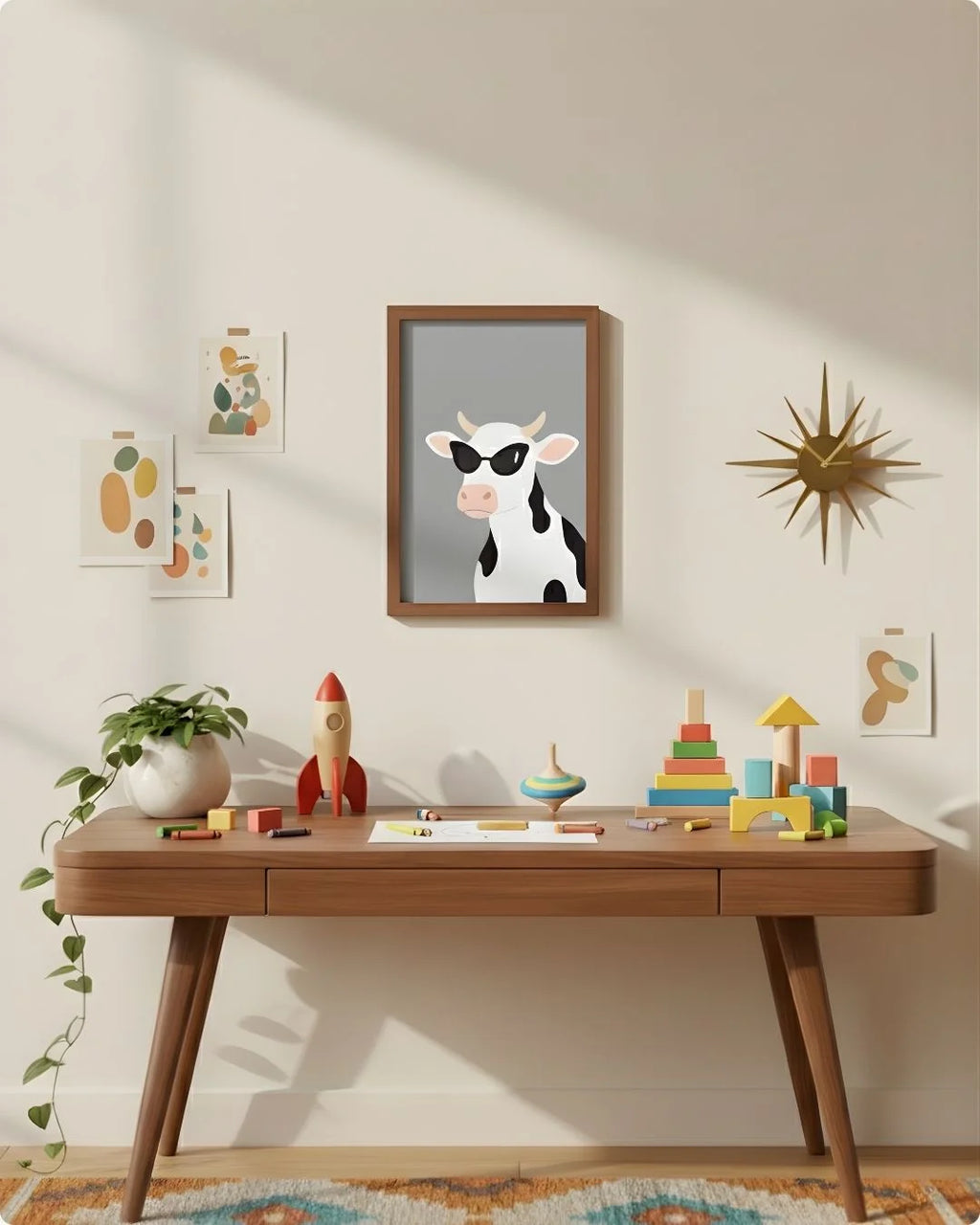 Medium (Size M - 18x12in) quirky cow print in a Walnut Wood frame, showing the ideal scale for a compact home office or eclectic study nook.