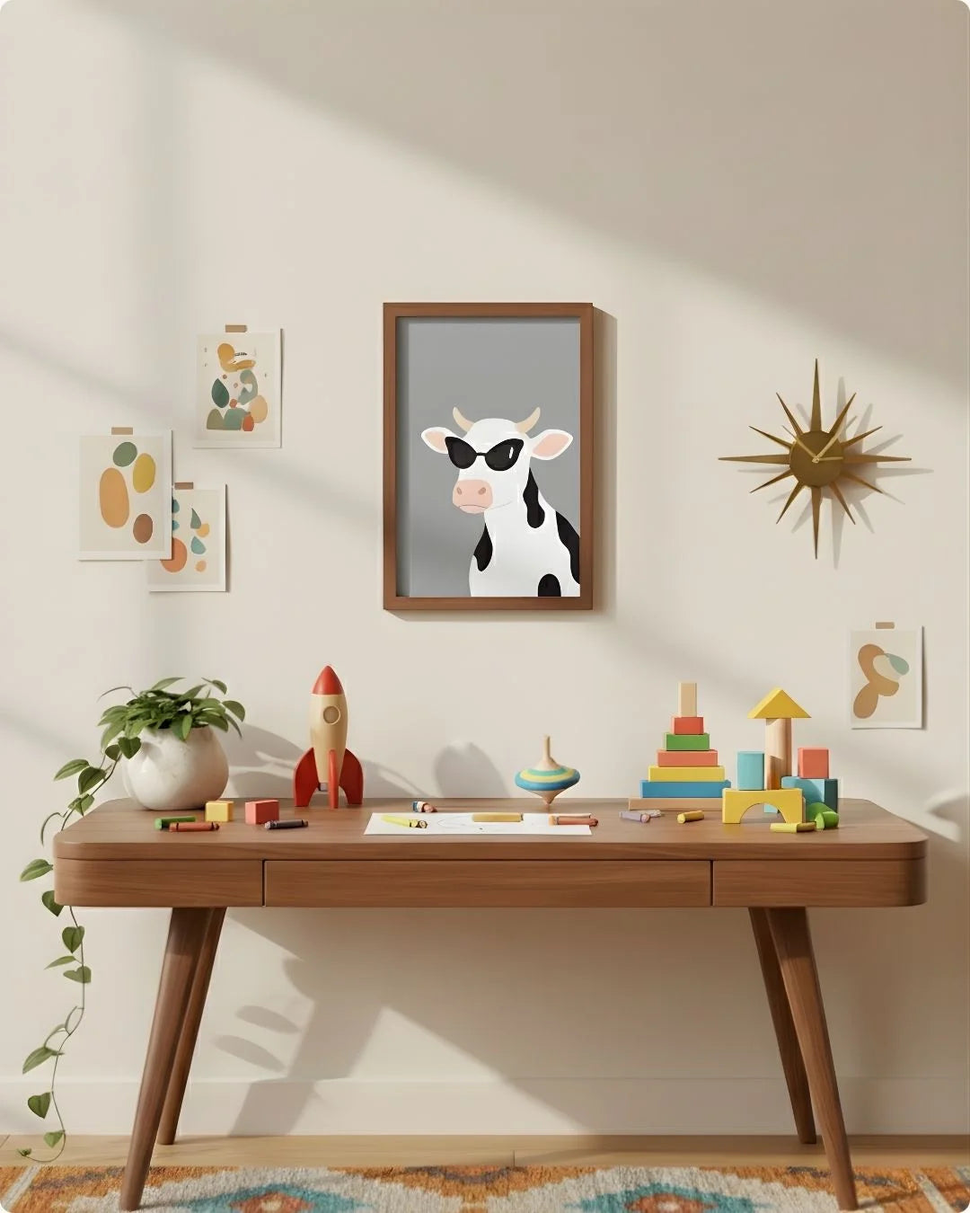 Medium (Size M - 18x12in) quirky cow print in a Walnut Wood frame, showing the ideal scale for a compact home office or eclectic study nook.