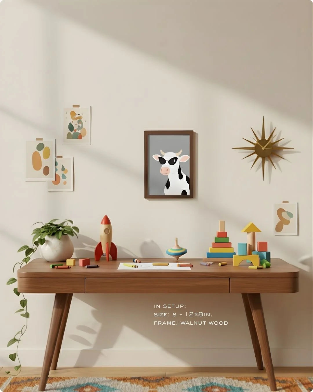 Small (Size S - 12x8in) playful cow art in a Walnut Wood frame. A refined, humorous accent for desk styling or a small gallery wall.