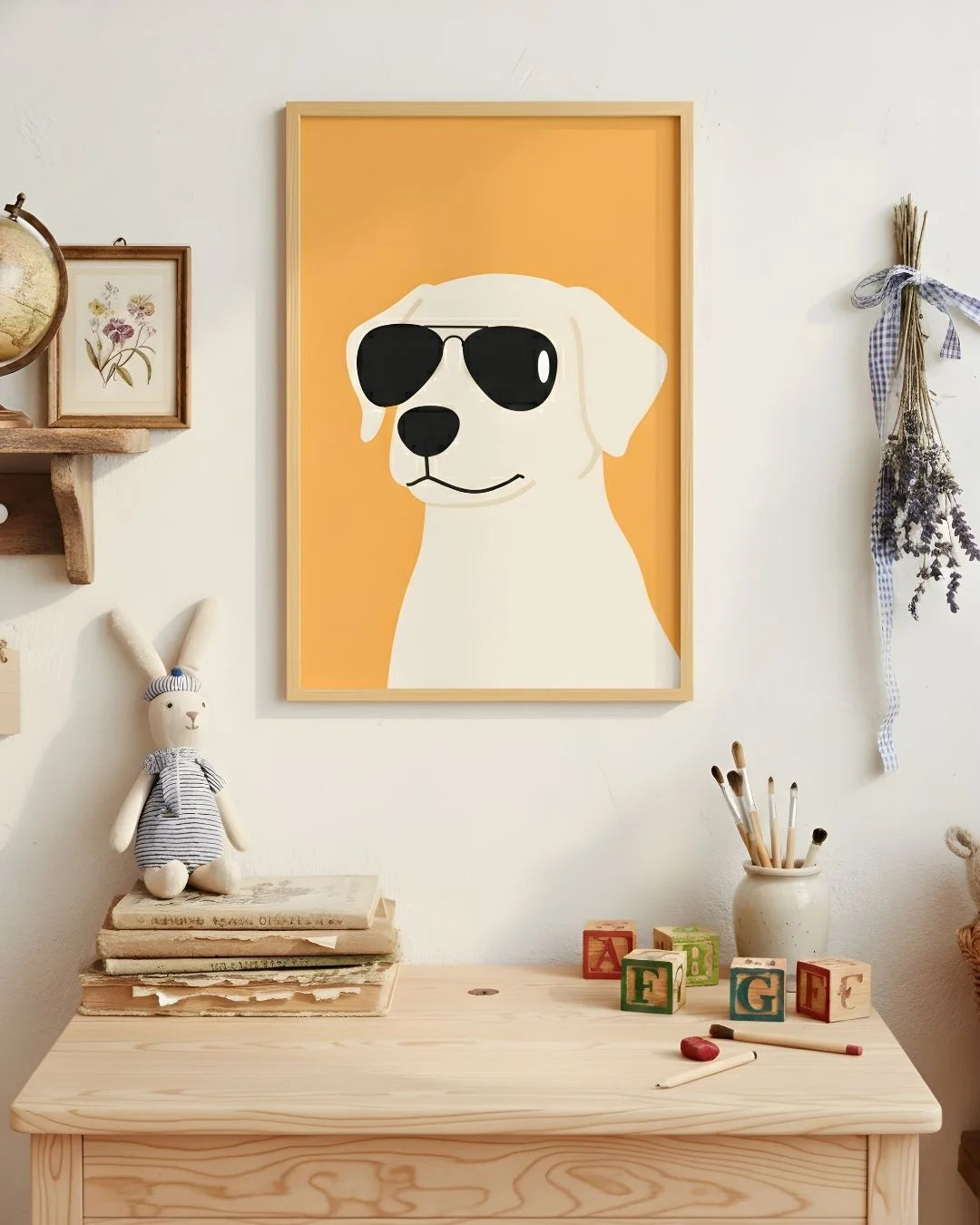 Playful dog with aviator sunglasses print in a 0.5-inch Maple Wood frame, styled in a light-filled nursery with wooden toys and a bunny plush.