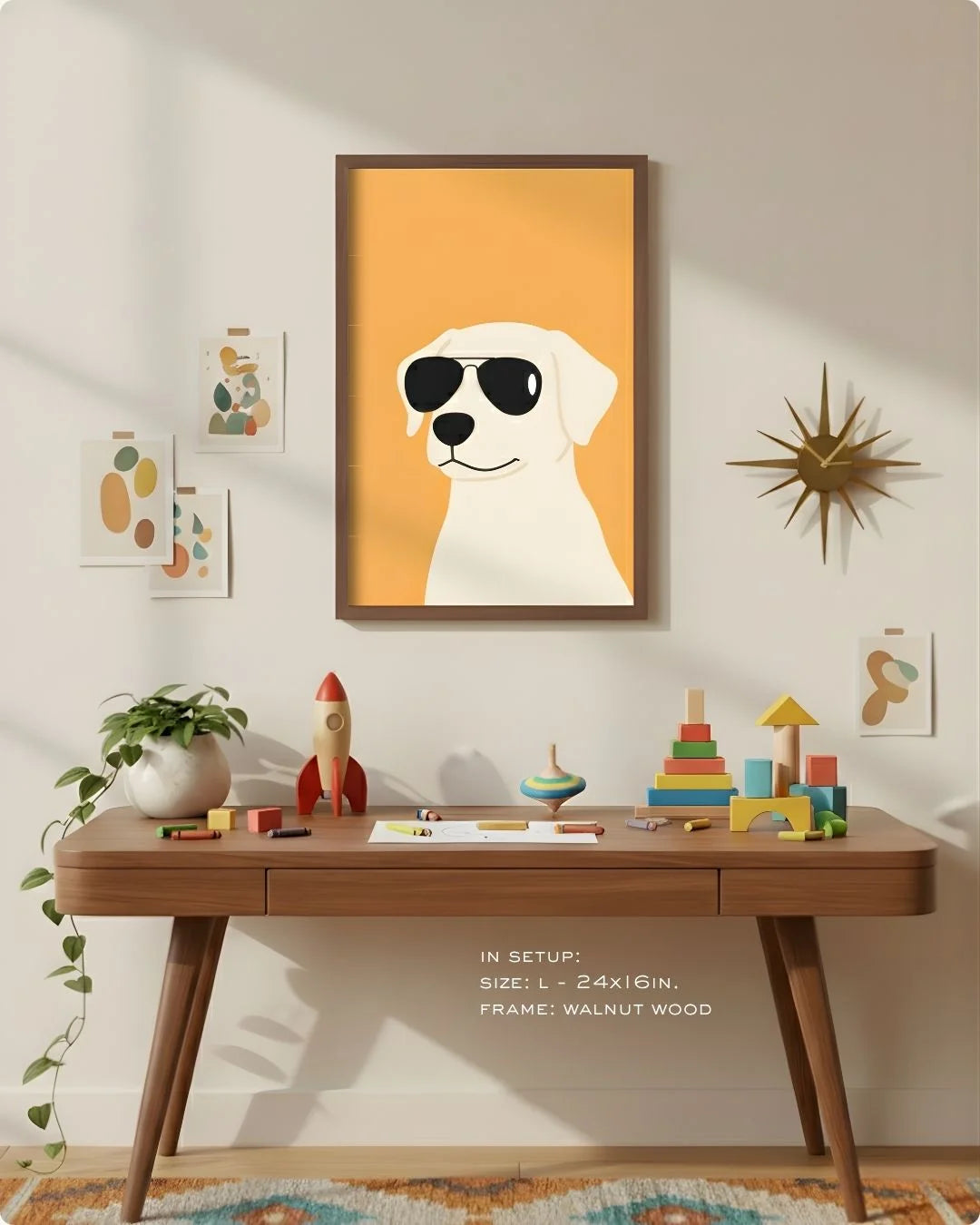 Large (Size L - 24x16in) dog with sunglasses art in a Walnut Wood frame, demonstrating scale above a modern wood desk with a retro starburst clock.