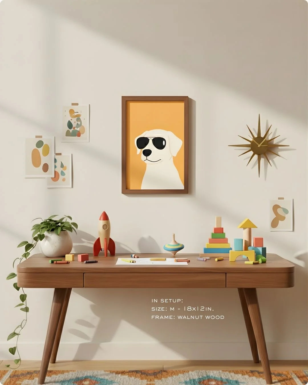 Medium (Size M - 18x12in) quirky dog print in a Walnut Wood frame, showing the ideal scale for a compact home office or eclectic study nook.