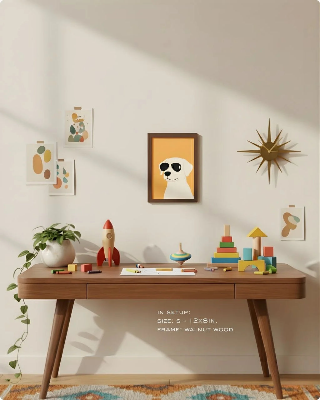 Small (Size S - 12x8in) playful dog art in a Walnut Wood frame. A refined, humorous pet accent for desk styling or a small gallery wall.