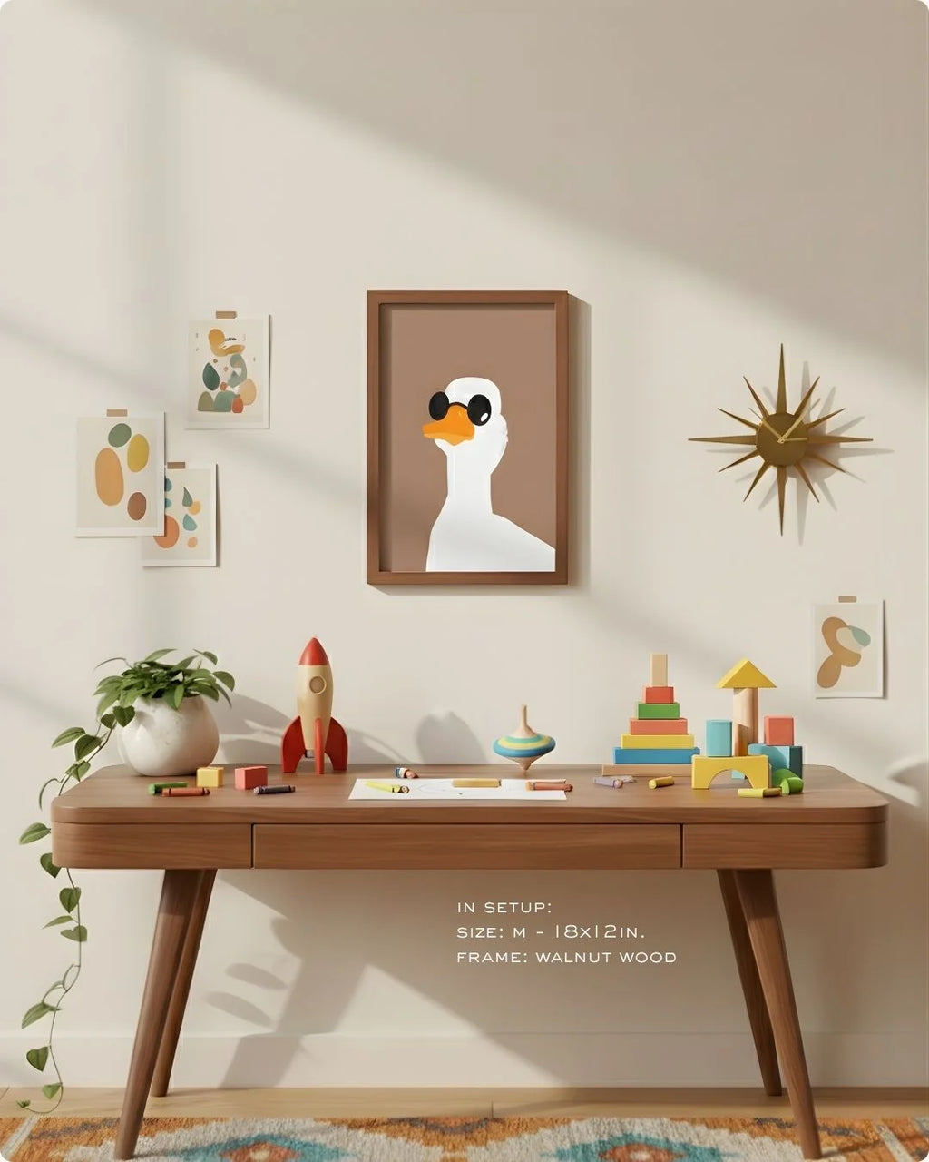Medium (Size M - 18x12in) quirky duck print in a Walnut Wood frame, showing the ideal scale for a compact home office or eclectic study nook.
