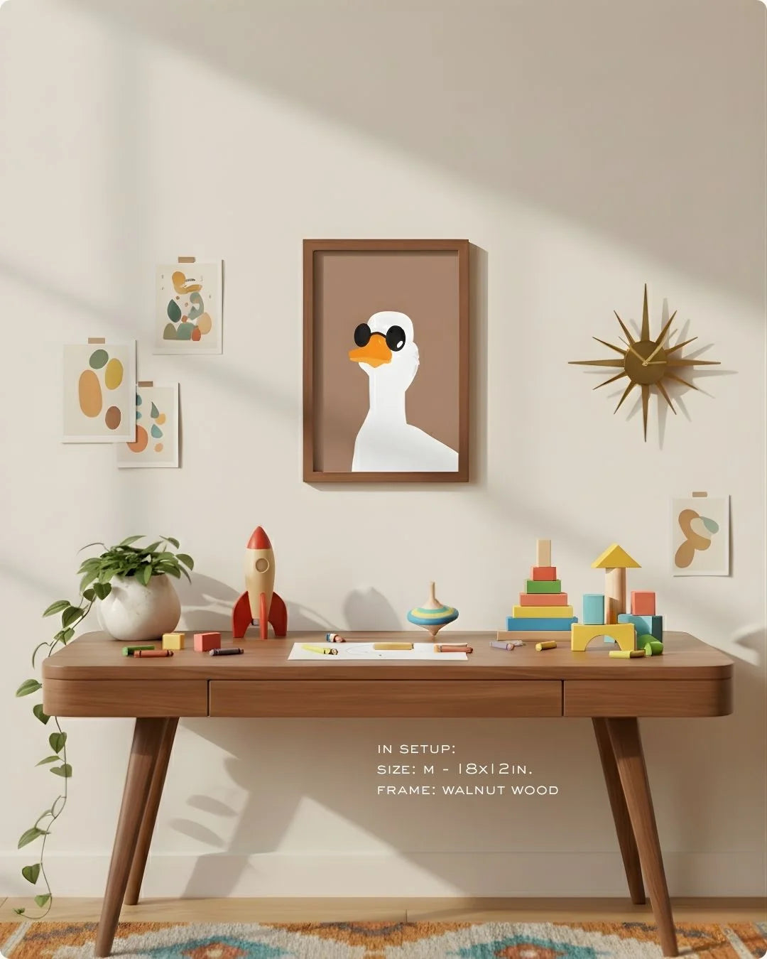 Medium (Size M - 18x12in) quirky duck print in a Walnut Wood frame, showing the ideal scale for a compact home office or eclectic study nook.
