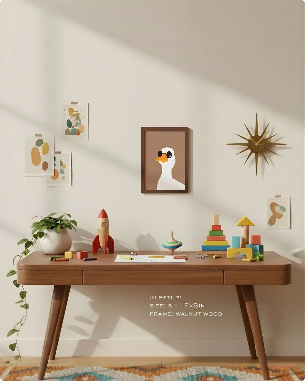 Small (Size S - 12x8in) playful duck art in a Walnut Wood frame. A refined, humorous accent for desk styling or a small gallery wall.