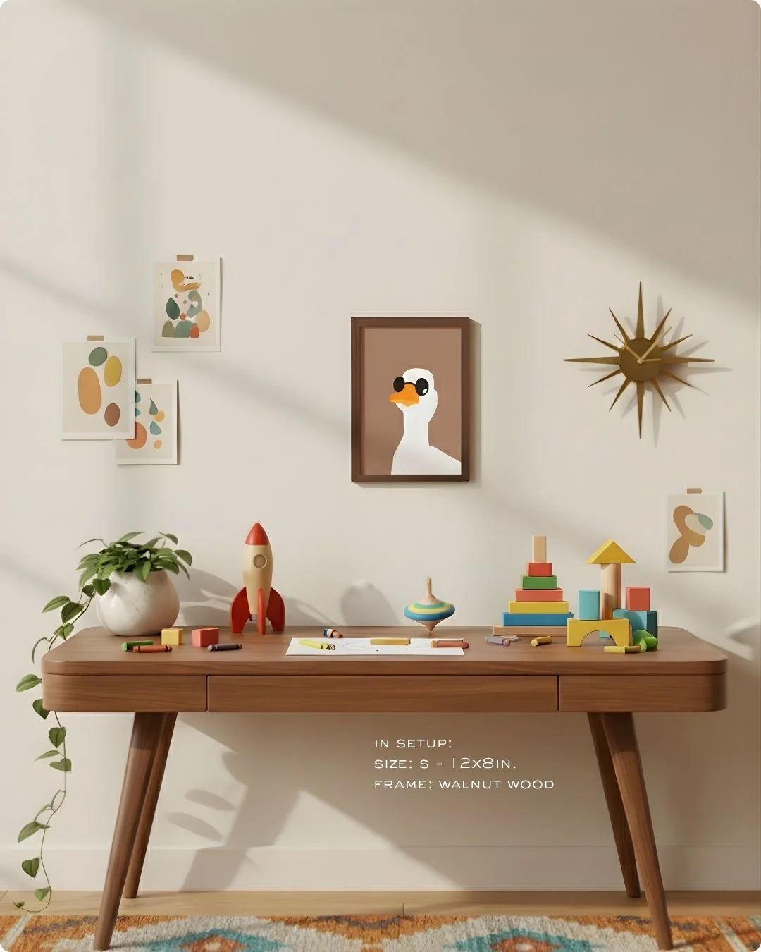 Small (Size S - 12x8in) playful duck art in a Walnut Wood frame. A refined, humorous accent for desk styling or a small gallery wall.