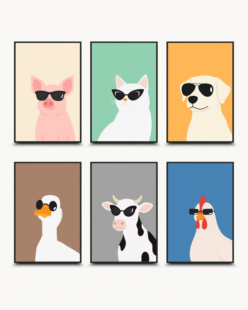 Six framed minimalist animal art prints arranged in a 2x3 grid on a light gray background. The animals depicted are a pink pig, a white cat, a cream dog, a white duck, a black-and-white cow, and a white chicken, each wearing black sunglasses against pastel-colored backgrounds.