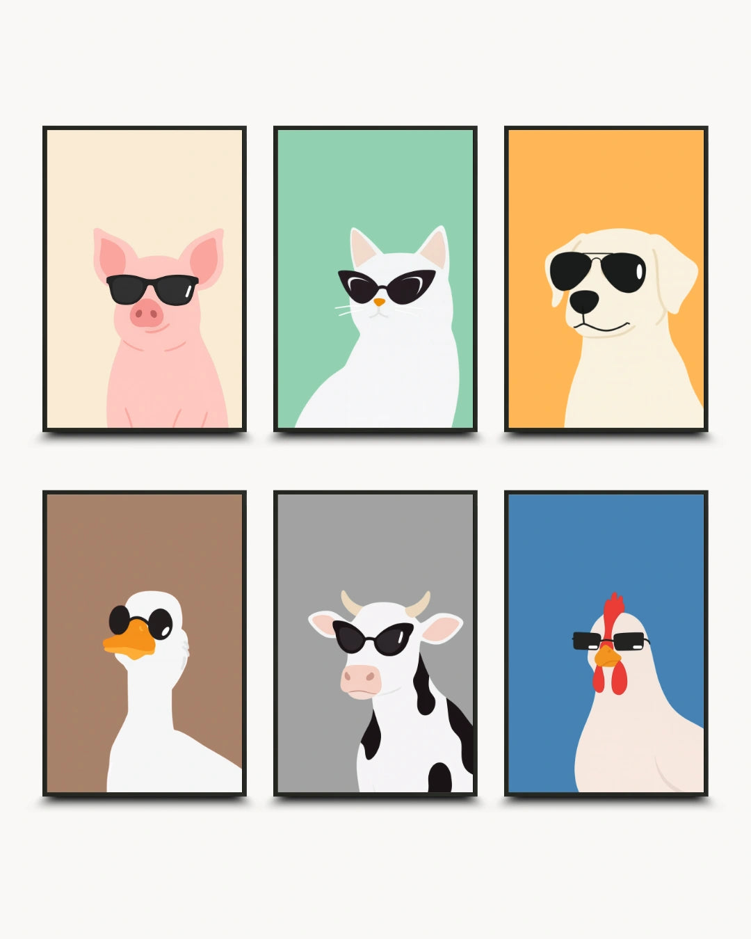 Six framed minimalist animal art prints arranged in a 2x3 grid on a light gray background. The animals depicted are a pink pig, a white cat, a cream dog, a white duck, a black-and-white cow, and a white chicken, each wearing black sunglasses against pastel-colored backgrounds.